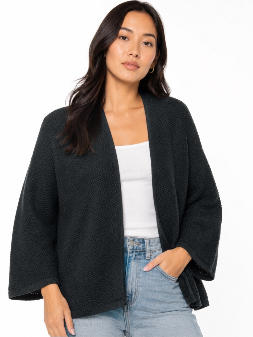Brandy Melville Black Open Front OS Soft Girl Cozy Minimalist Layering Sweater